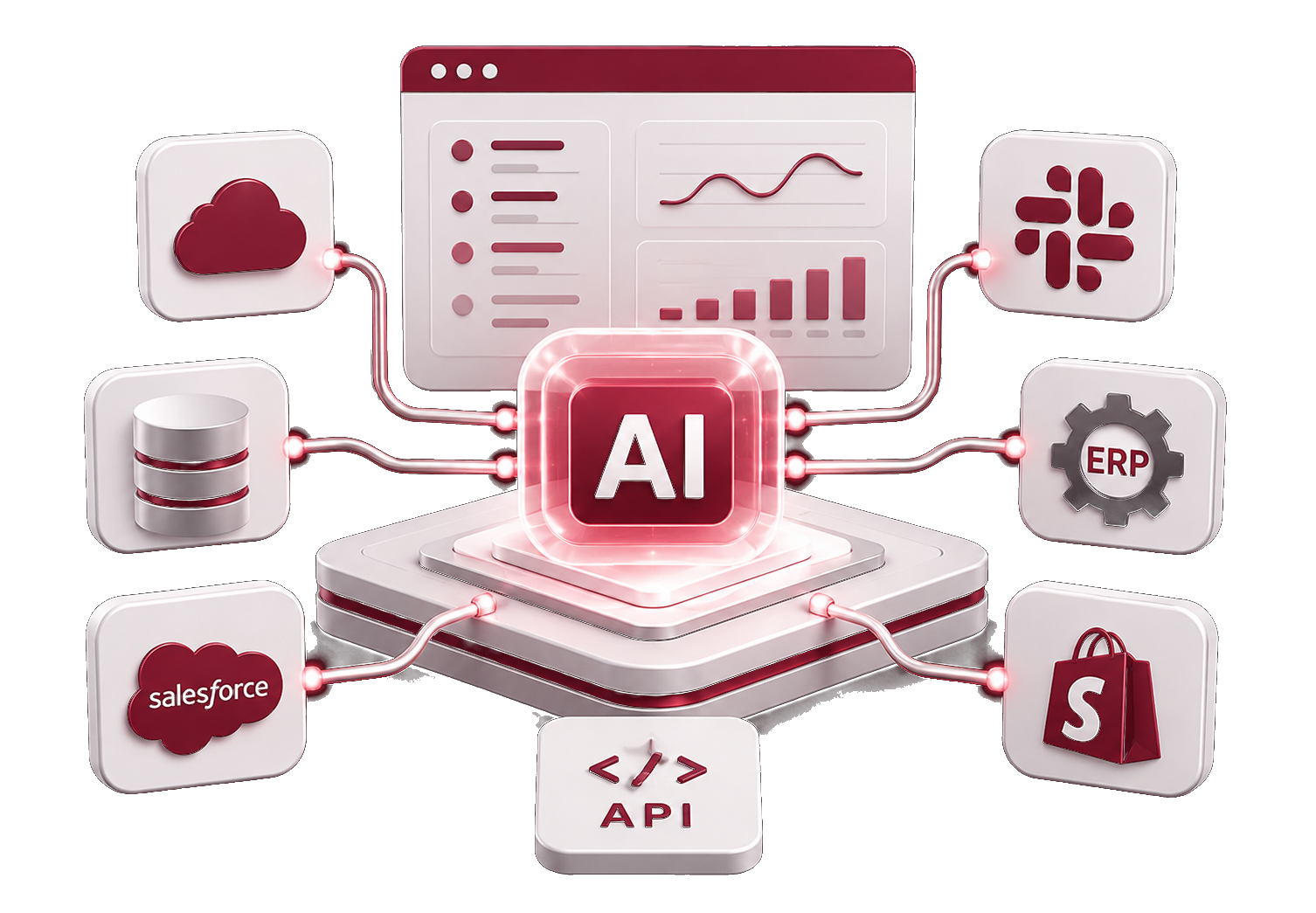 AI Integration Services – Integrate latest AI capabilities, APIs and platforms like Salesforce, ERP and Shopify into your business