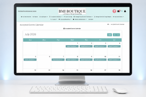 BMI Boutique Accepted Events Calendar displaying booked consultant schedules, pending consultant assignments, and monthly event management for workforce planning.