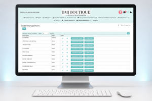 BMI Boutique Brand Management dashboard displaying beauty brands, brand status, theme customization, and sub-brand management in the staffing and training platform.