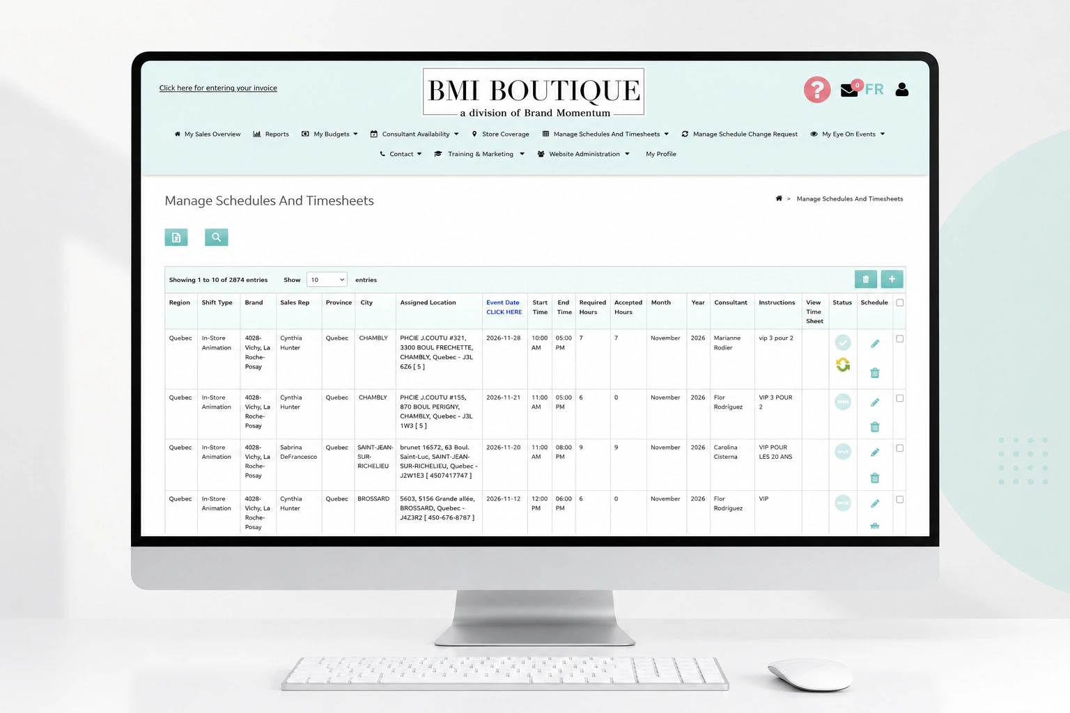 BMI Boutique workforce management platform dashboard used in the business challenge and solution case study for staffing, consultant management, scheduling, and store operations.