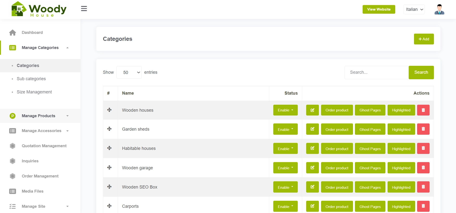 Woody House admin panel categories management page