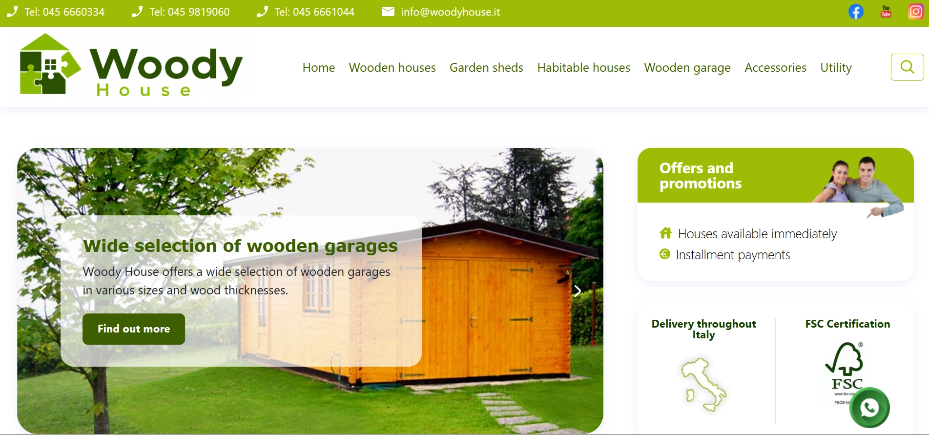 Woody House website homepage showing wooden garage banner and offers section