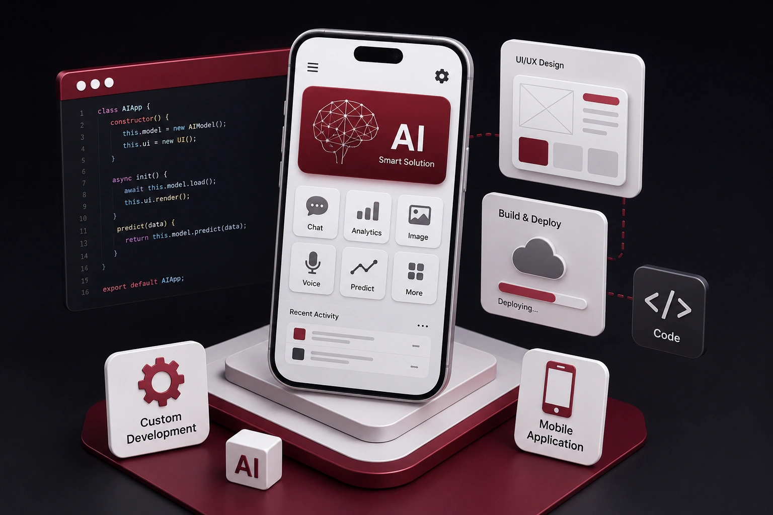Custom AI App Development page showing a smartphone with an AI smart solution interface, code editor, UI/UX design panels, and text explaining CumulativeApps custom AI software solutions beyond ready-made tools