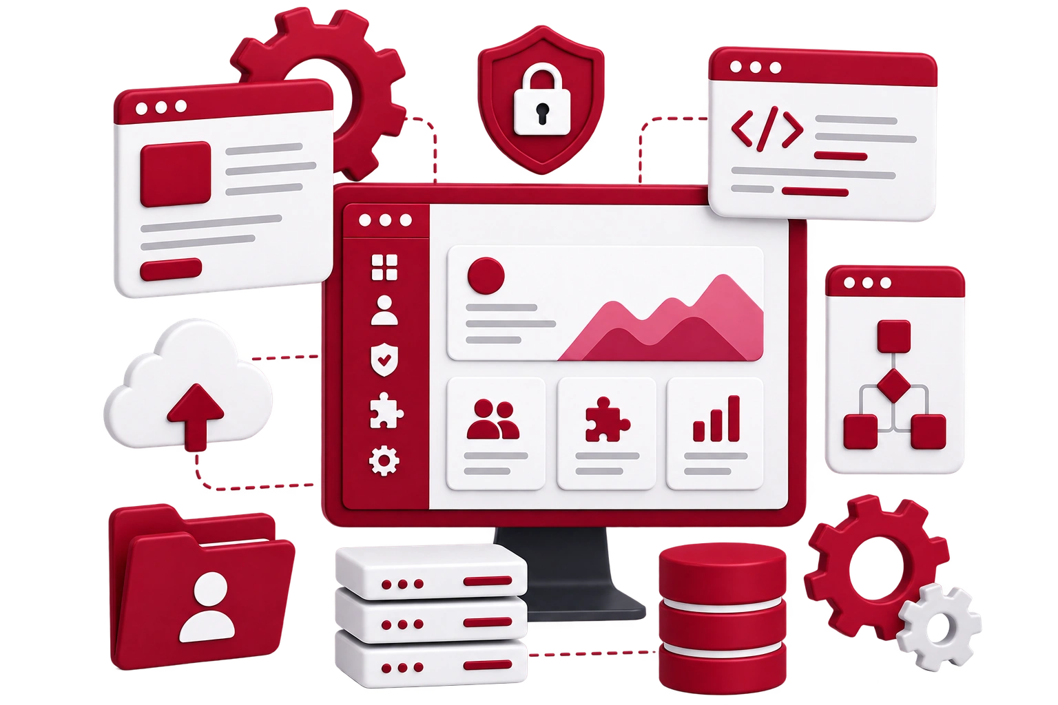 Custom Portal Development Services page featuring a 3D illustration of a secure centralized business portal with dashboard, cloud upload, servers, security shield, and workflow icons, alongside text about simplifying operations with custom portals