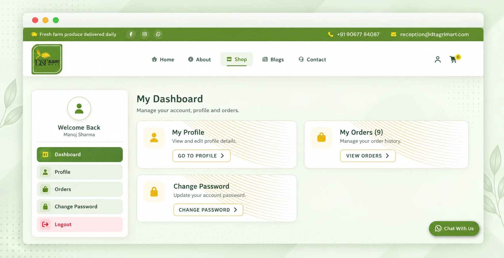 Customer Account & Order Management – Manage profile, view past orders and track current purchases