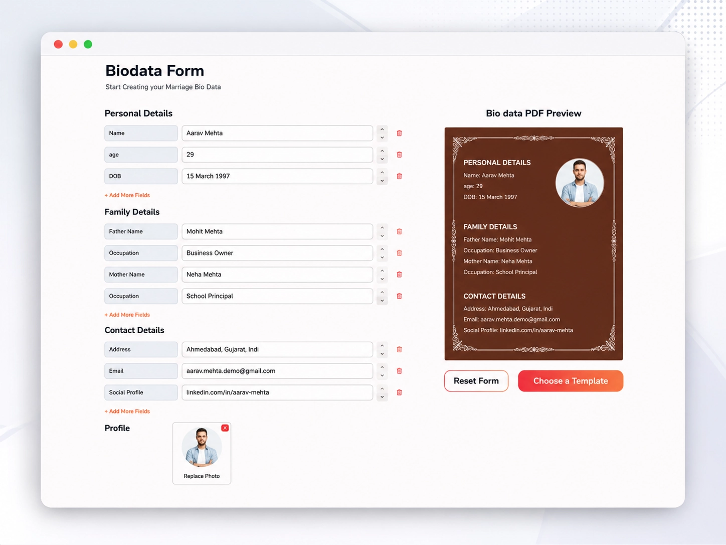 Dynamic document builder with real-time preview for creating marriage biodata