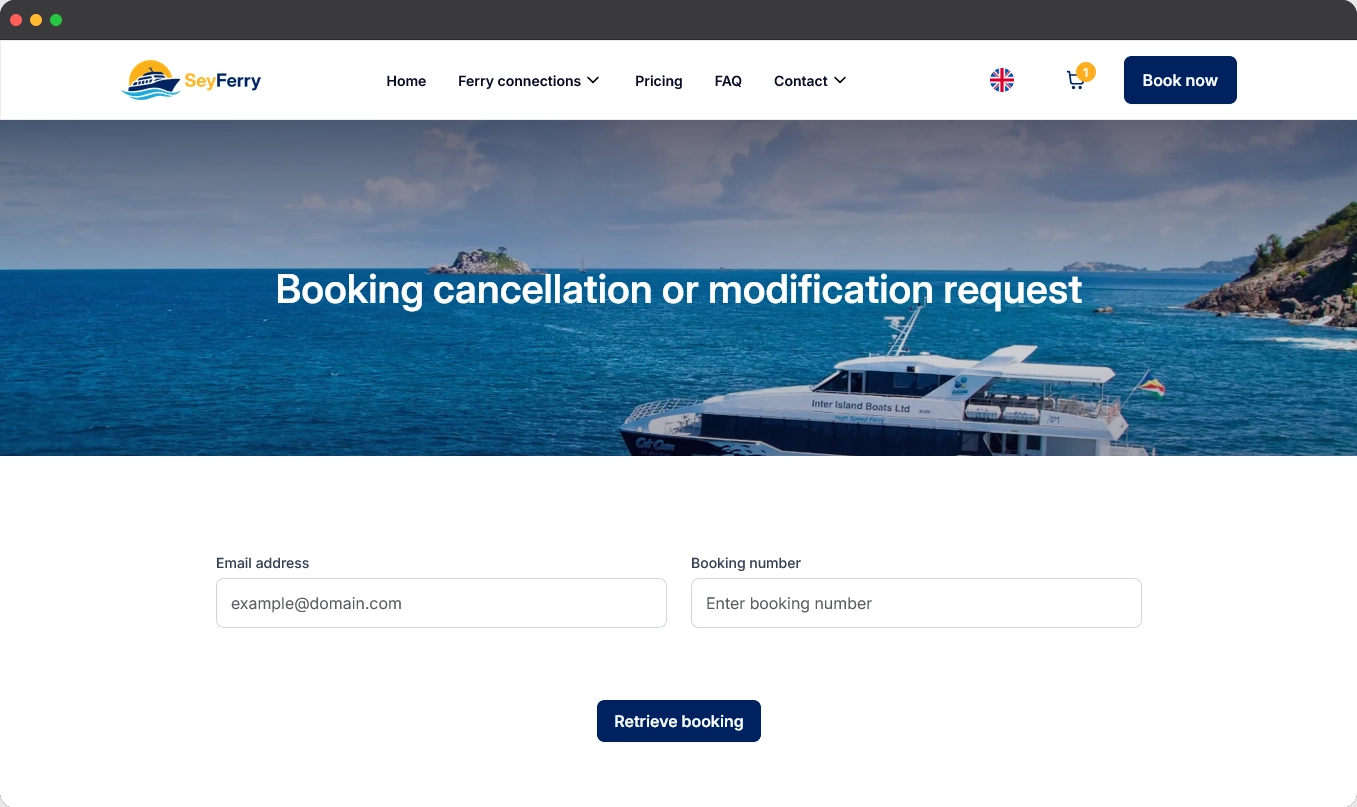 Multilingual ferry booking platform with ticket cancellation management features