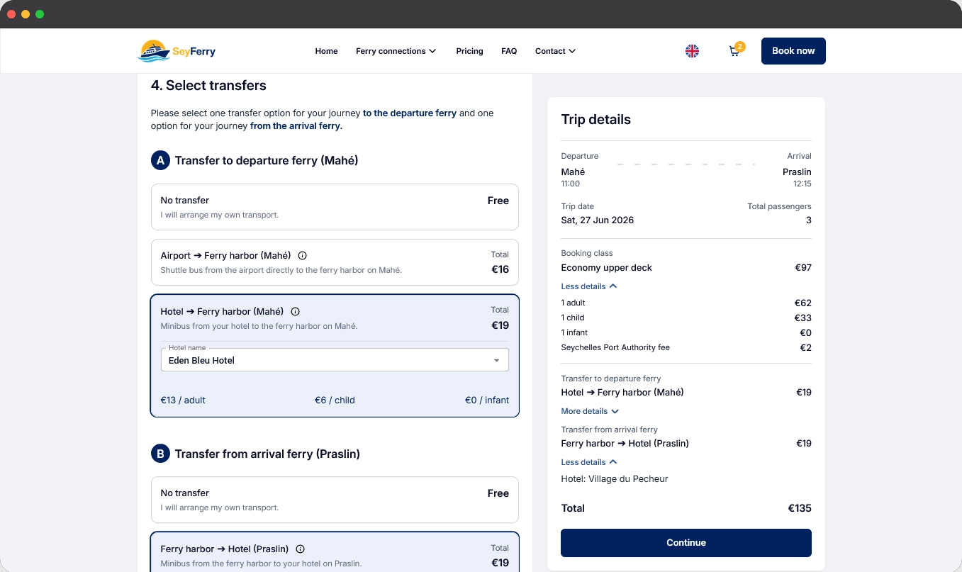 Online ferry ticket booking and transfer reservation system for Seychelles travel