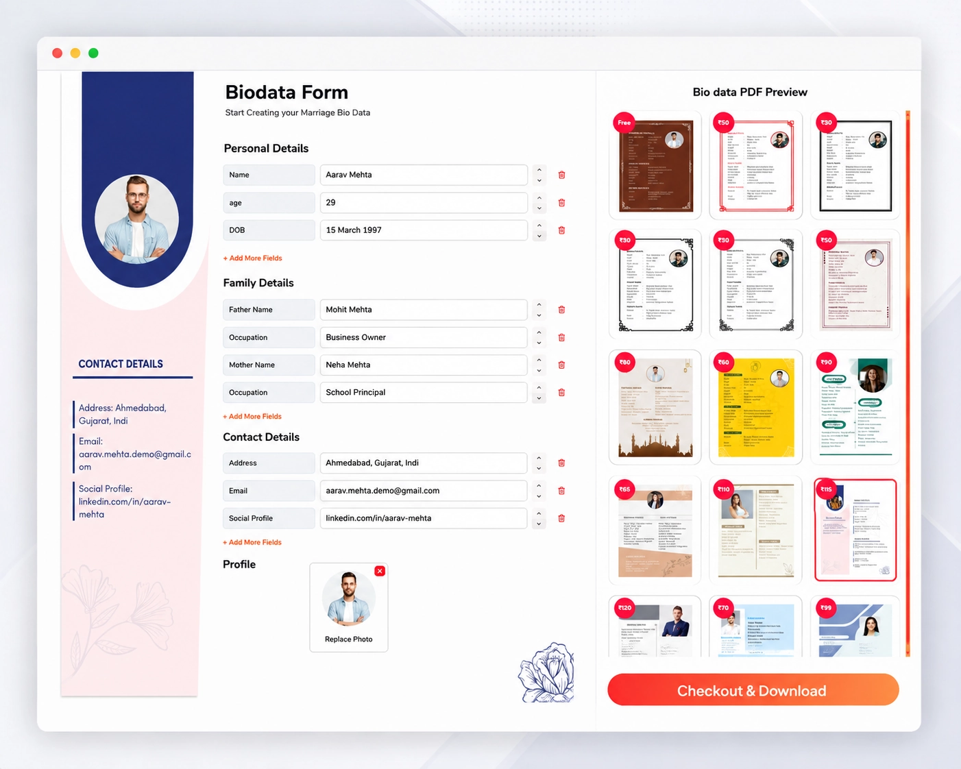 Flexible marriage biodata template selection with instant data mapping