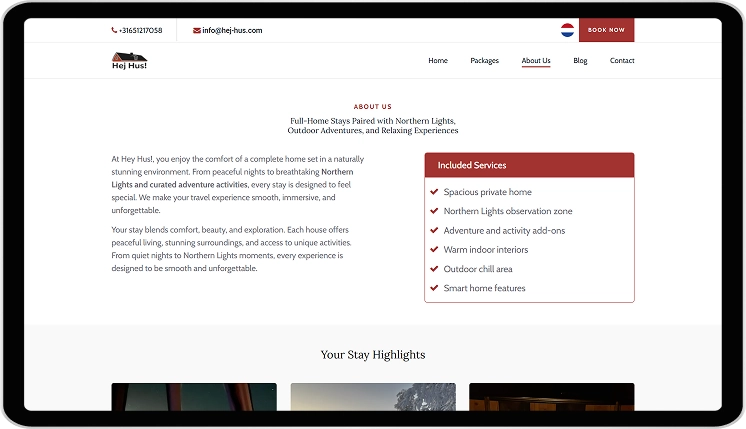 Hej Hus About Us page highlighting included services and stay highlights for Lapland holiday home bookings
