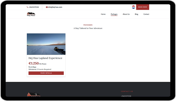 Holiday package booking page for Lapland accommodation website