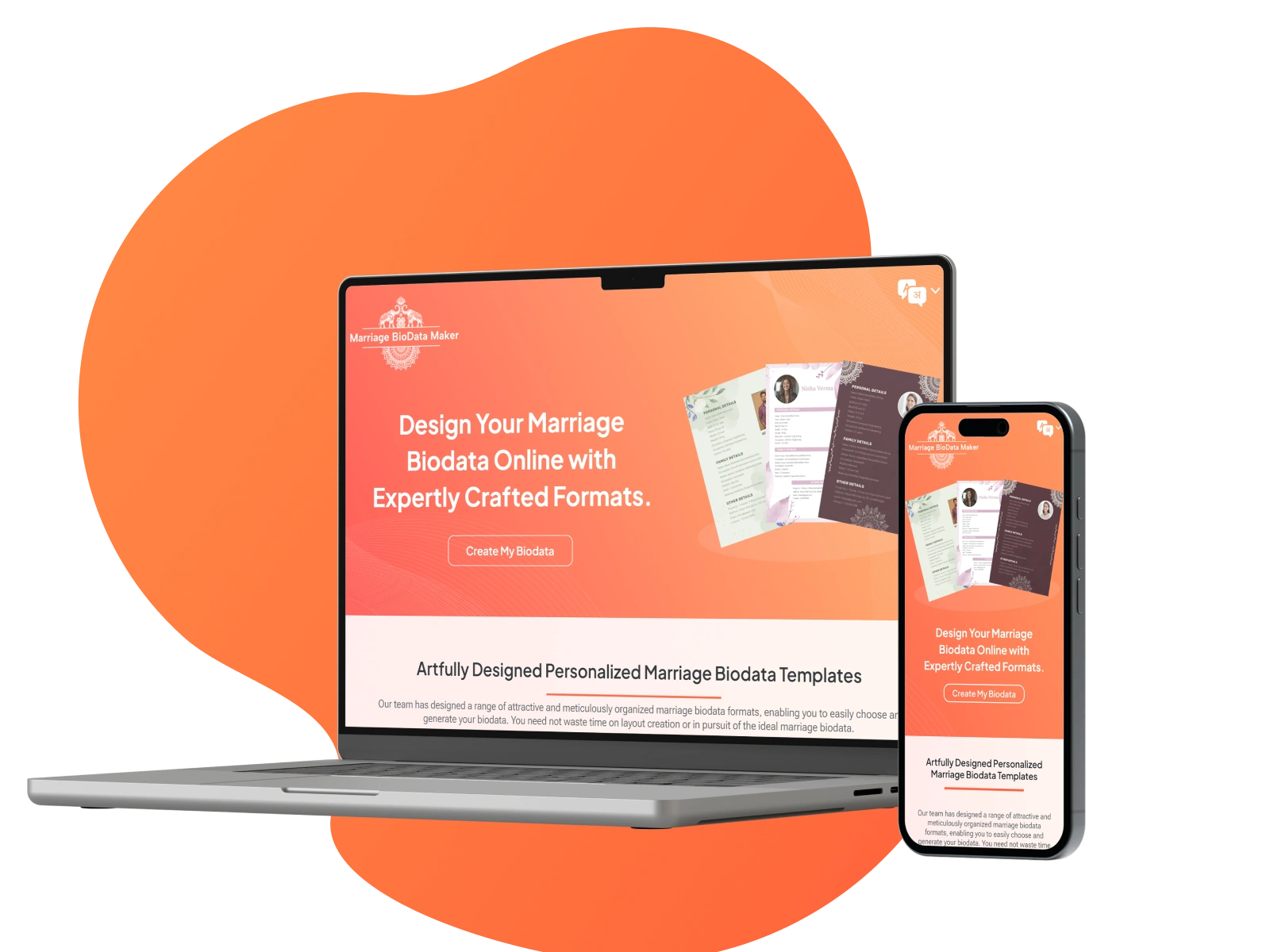 Custom Document Generation & PDF Automation Platform – Marriage Biodata Maker online tool showing laptop and mobile preview with professional biodata templates