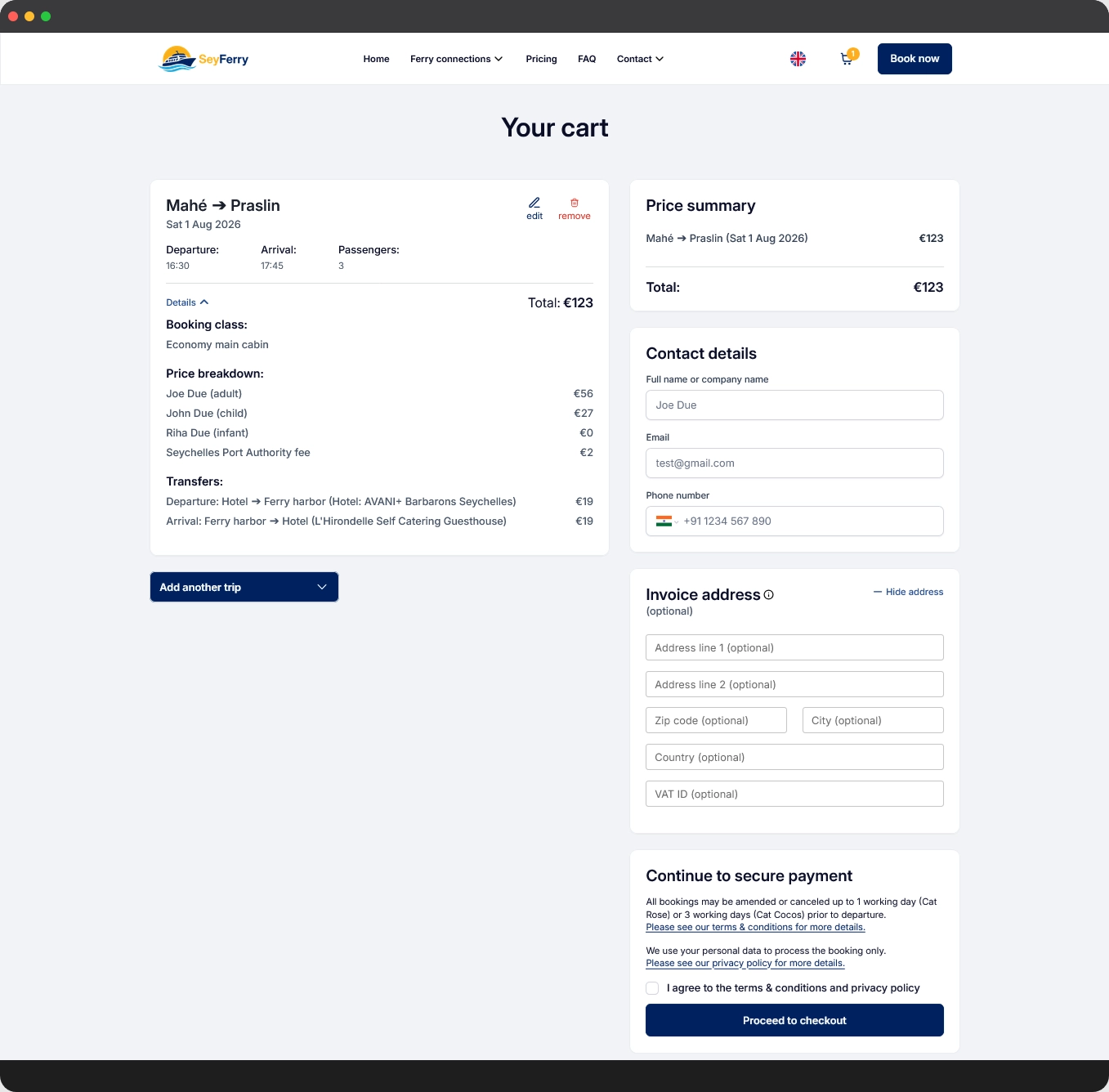 Optimized online ferry booking checkout with automated confirmation and invoicing