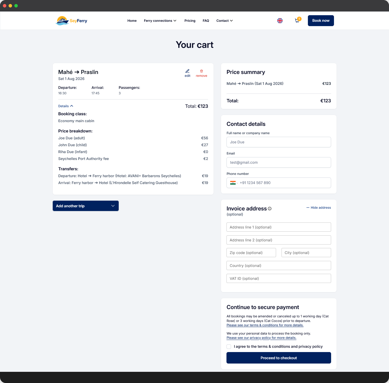 Optimized online ferry booking checkout with automated confirmation and invoicing