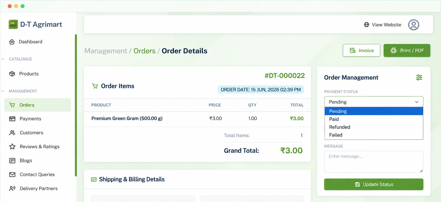 Order Management – View, filter and manage complete order lifecycle including invoices and delivery status