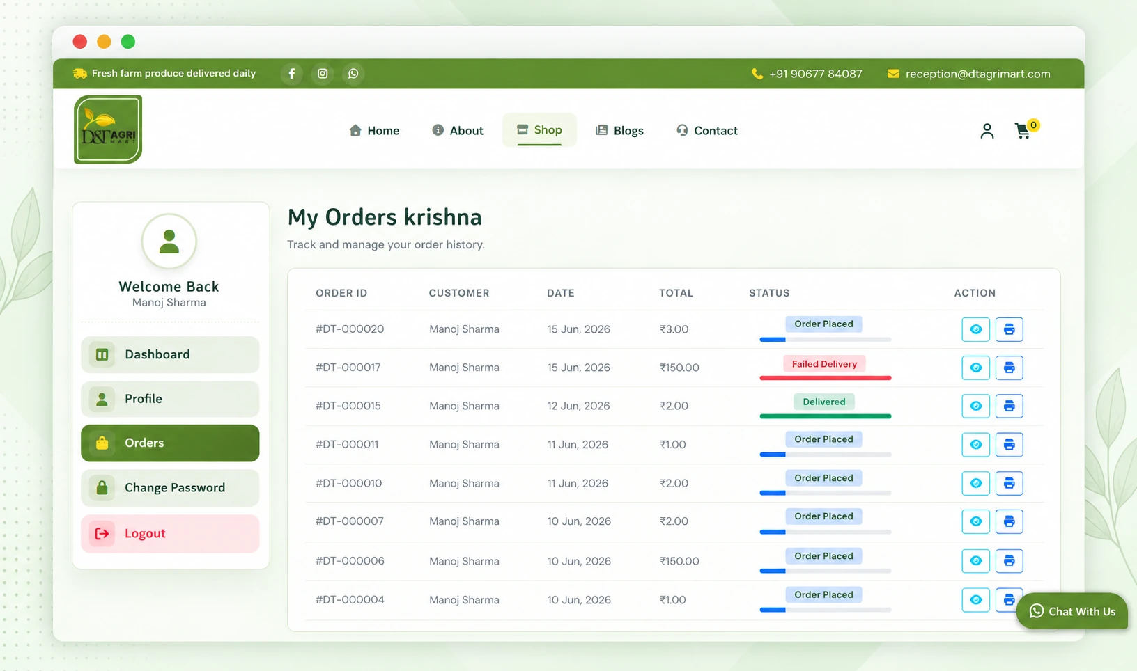 Order Tracking & Invoice Download – Track order status and download invoices from customer account