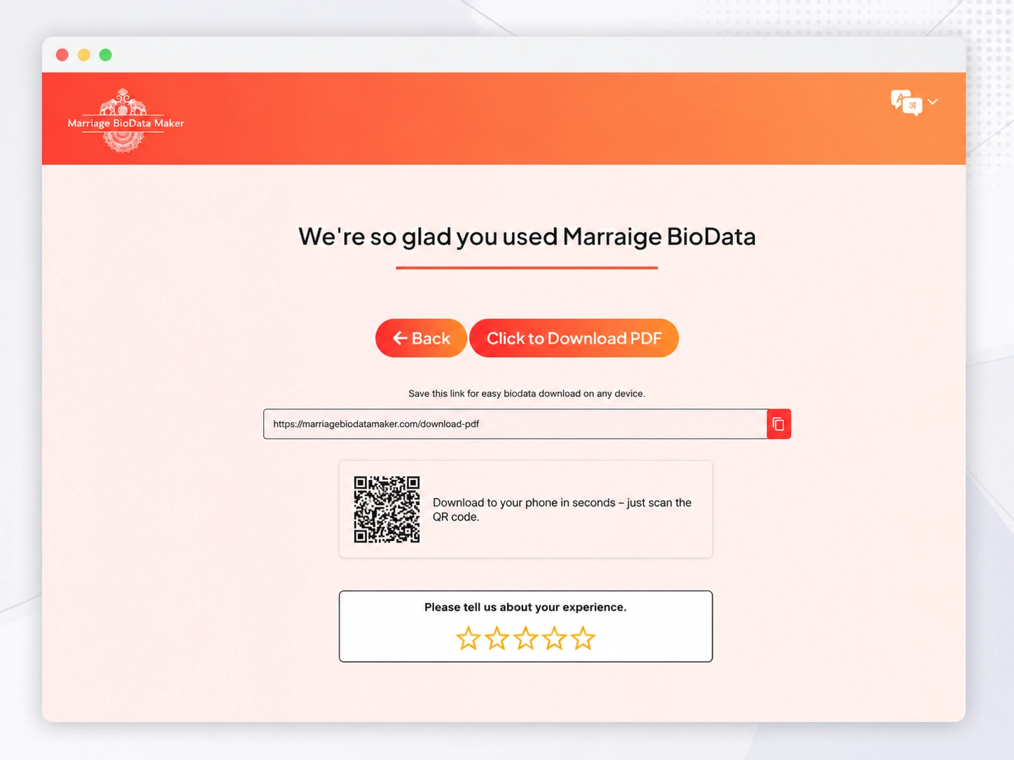 Automated PDF generation and instant download of marriage biodata