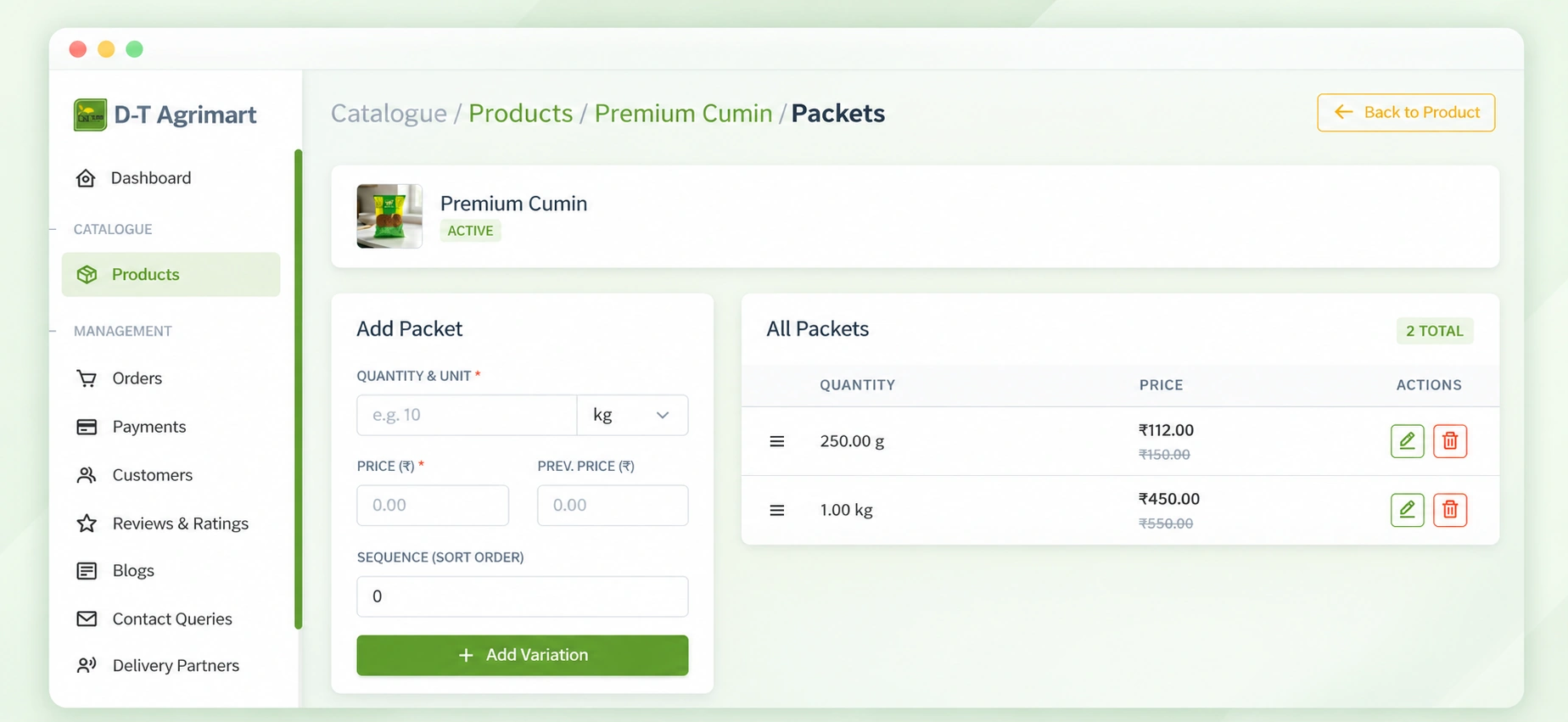 Product & Inventory Management – Create and manage organic grain products with pack sizes, pricing and stock from admin dashboard
