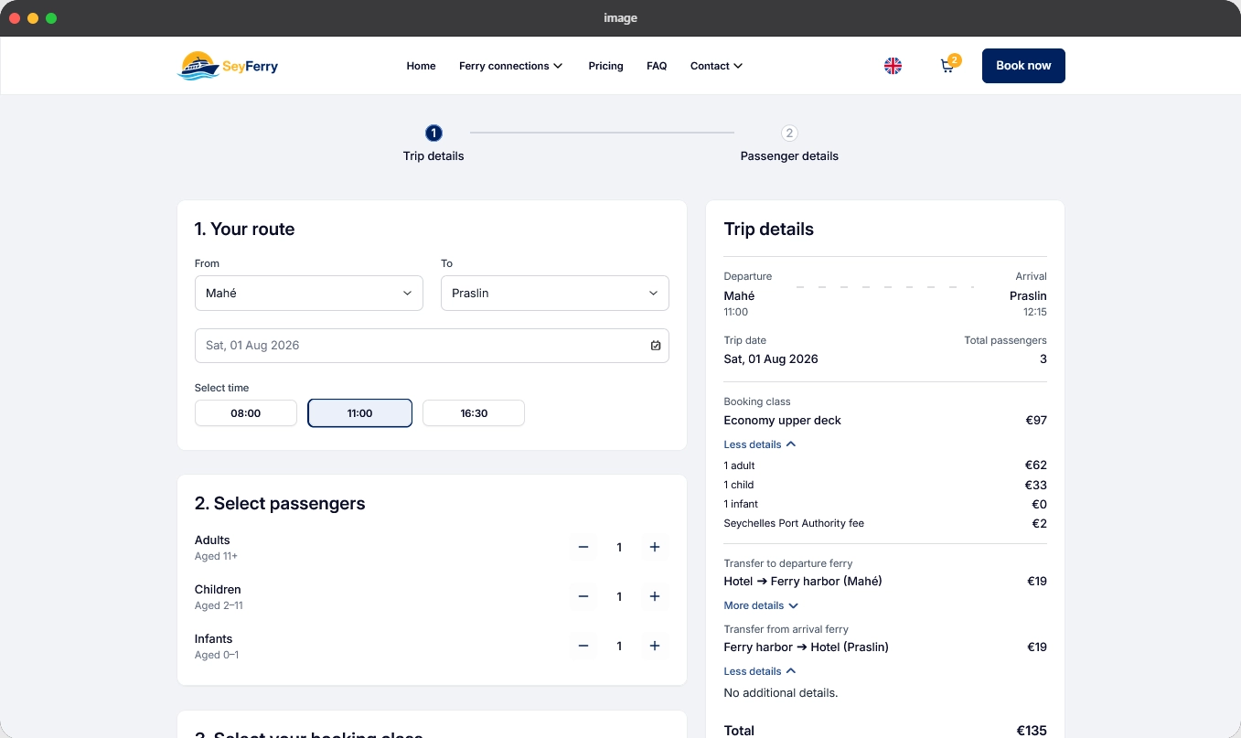 Real-time ferry schedule and seat availability search on SeyFerry booking platform