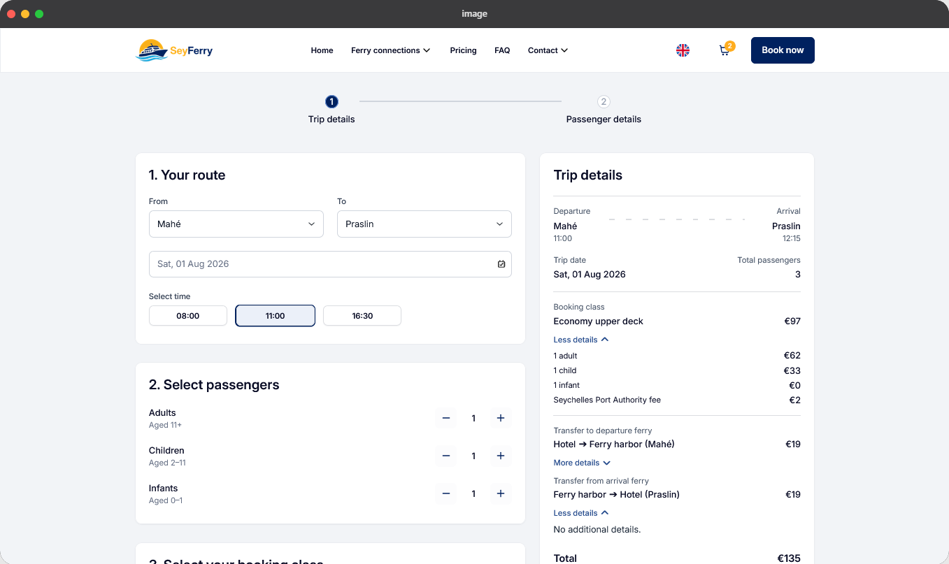 Real-time ferry schedule and seat availability search on SeyFerry booking platform