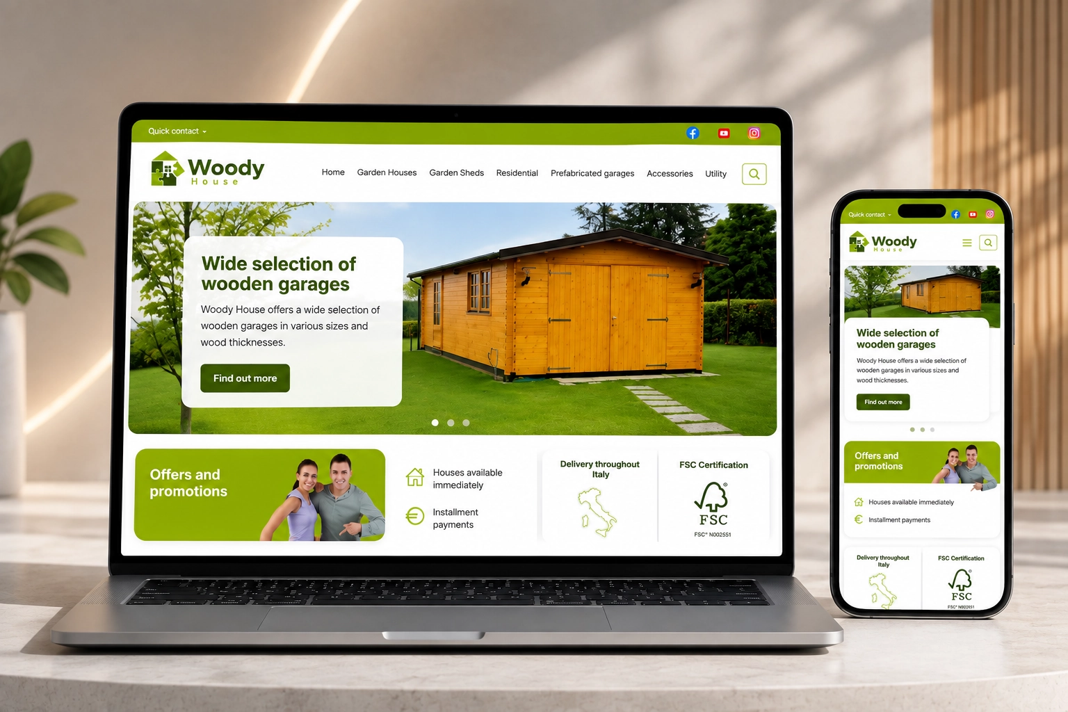 Scalable eCommerce solution for configurable products – Woody House website mockup on laptop and mobile