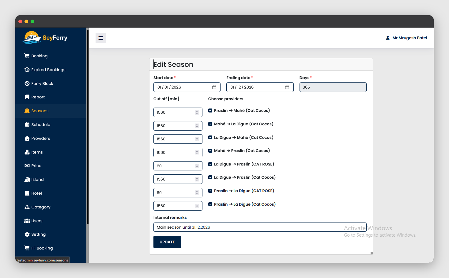 Season management and content management dashboard for ferry booking platform