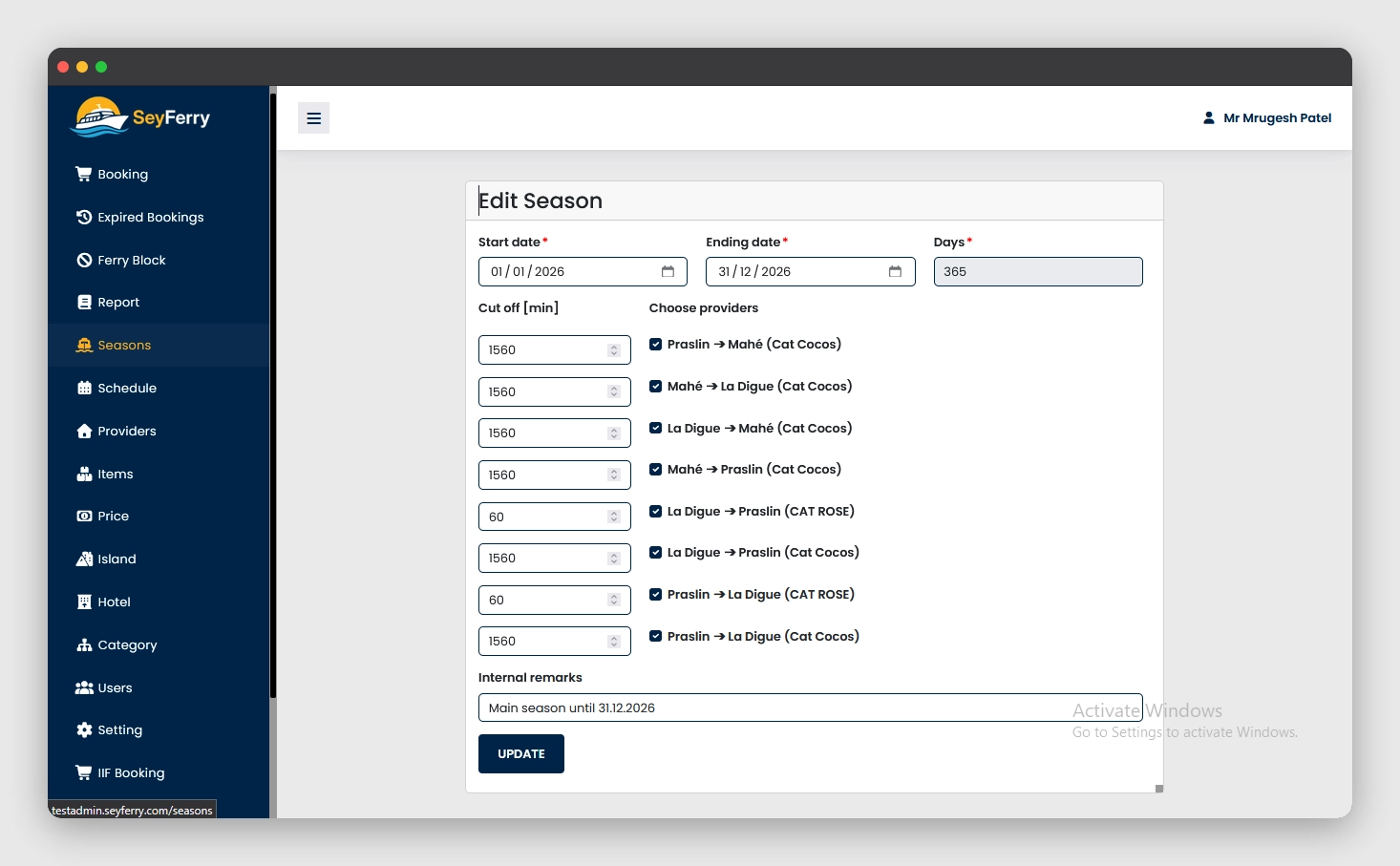 Season management and content management dashboard for ferry booking platform