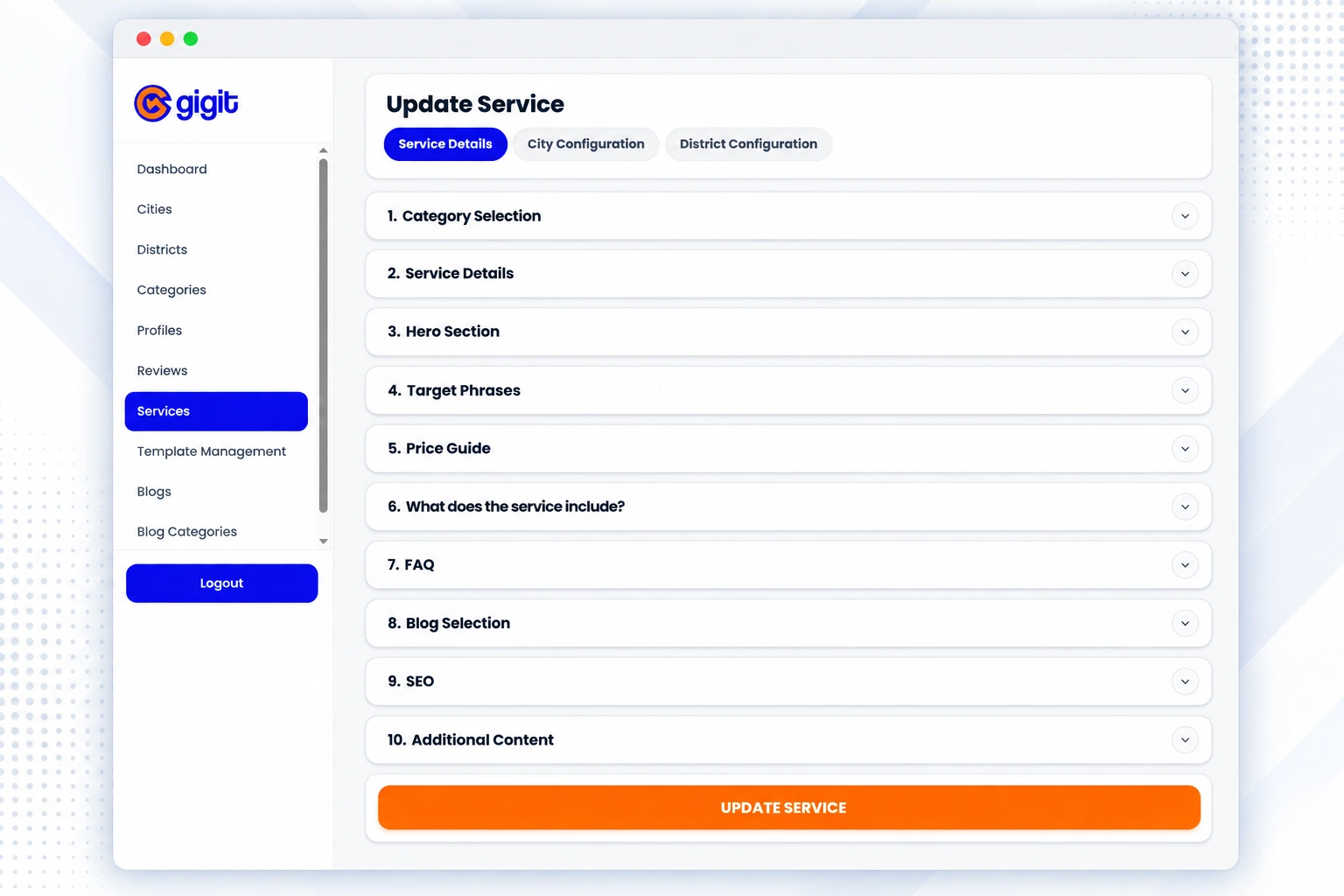 SEO template management and client worker location structure dashboard