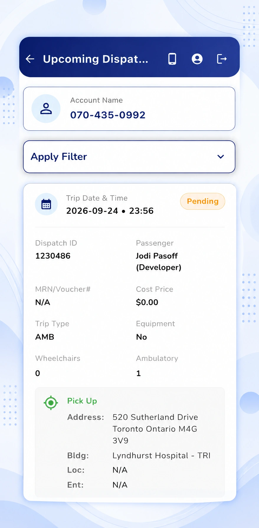 Upcoming transportation dispatches and scheduled rides displayed in a management application